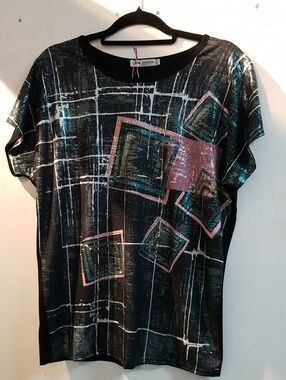 Casa Donna Black Short Sleeve Metallic Geometric Tee